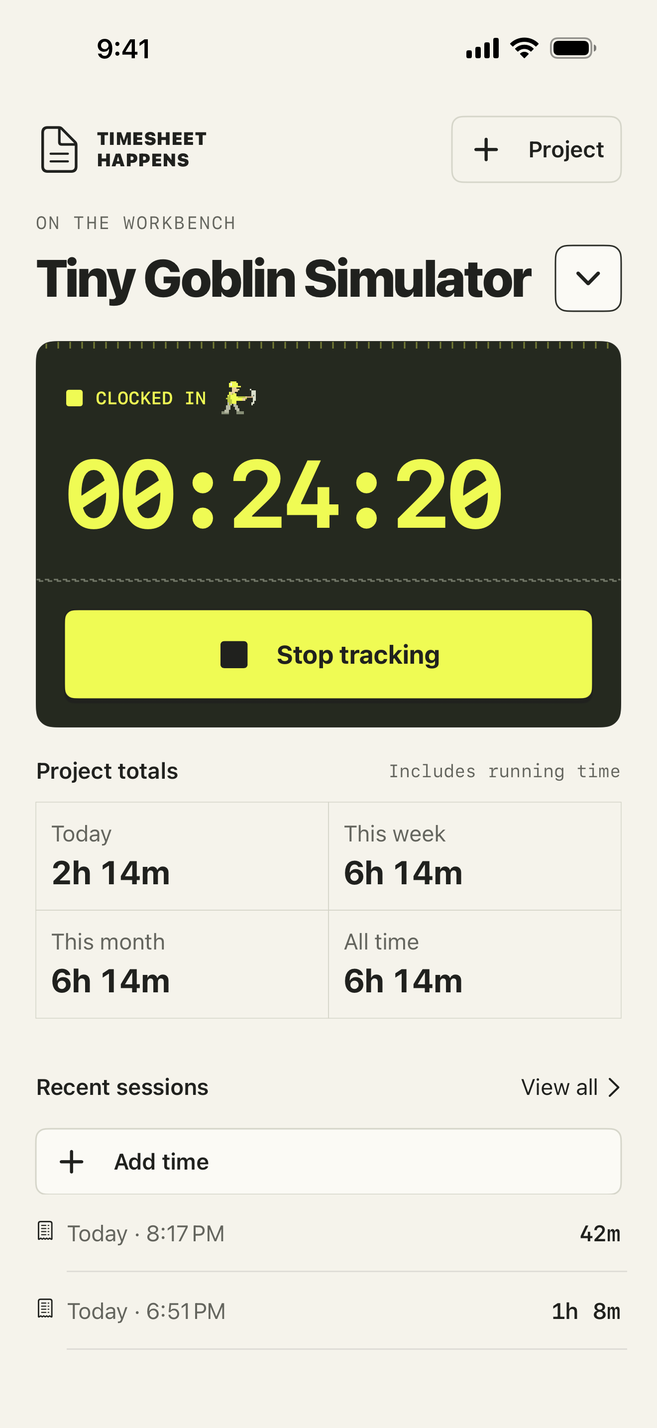 Timesheet Happens app showing an active timer, project totals, and recent sessions